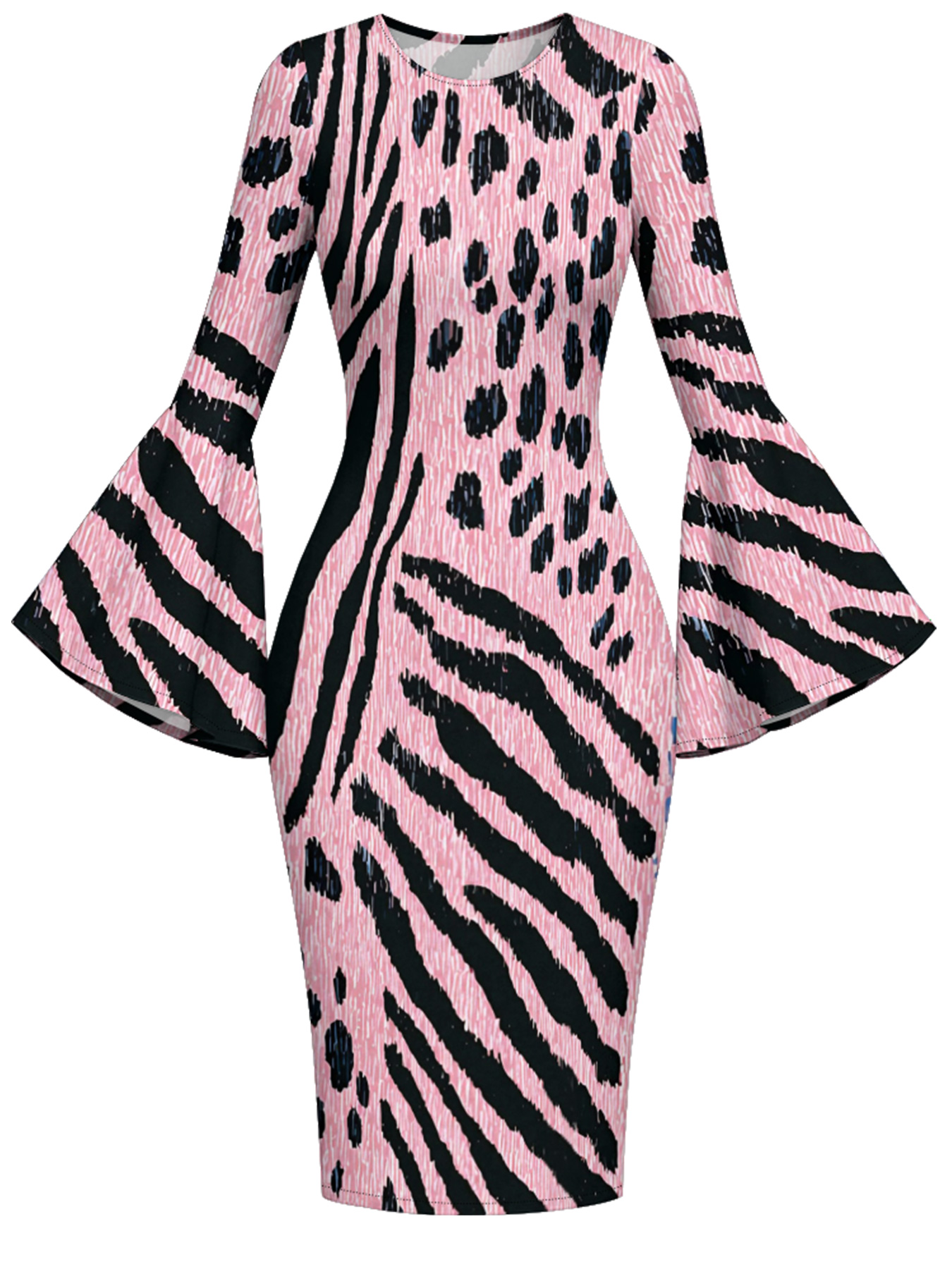 Pink Zebra Stripes Flare Sleeve Bodycon Midi Dress BDF1453