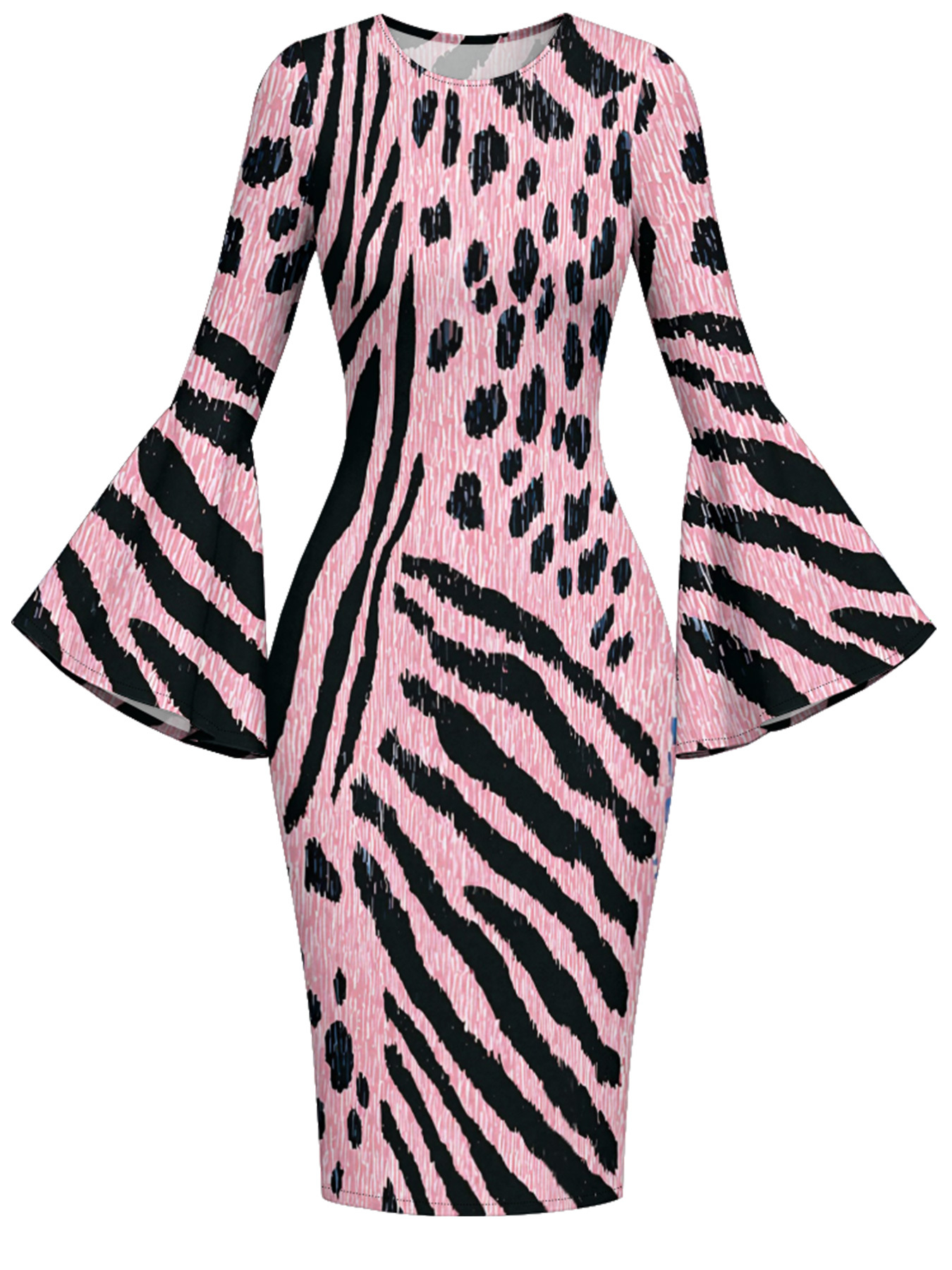 Pink Zebra Stripes Flare Sleeve Bodycon Midi Dress BDF1453