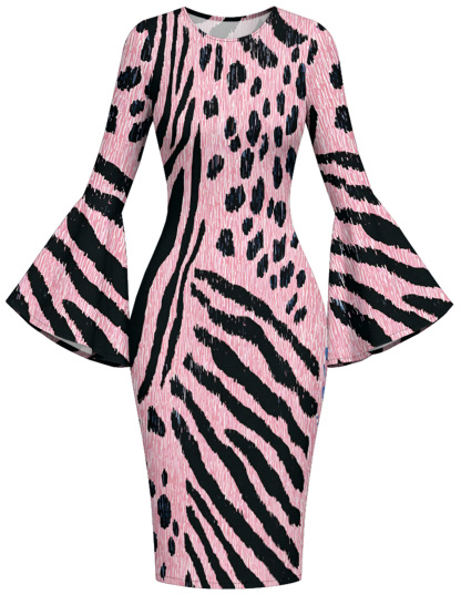 Pink Zebra Stripes Flare Sleeve Bodycon Midi Dress BDF1453