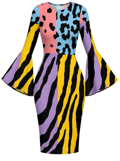 Multicolor Animal Flare Sleeve Bodycon Midi Dress CEF2564