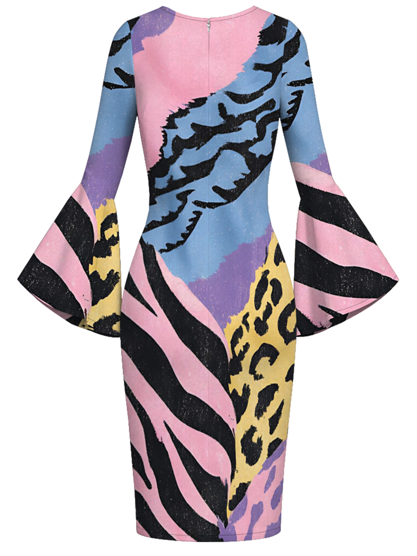 Multicolor Watercolor Animal Flare Sleeve Bodycon Midi Dress DEG3675