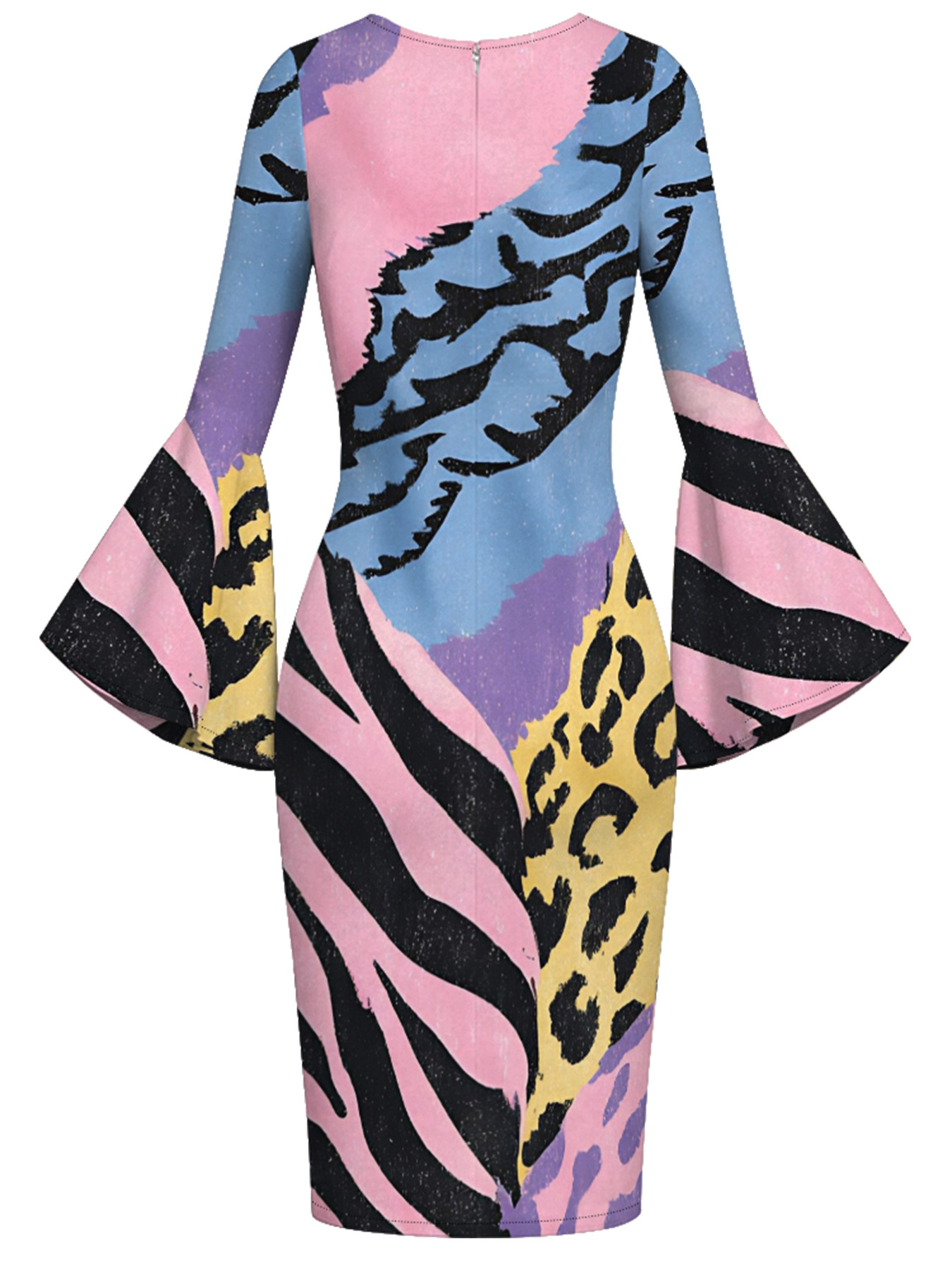 Multicolor Watercolor Animal Flare Sleeve Bodycon Midi Dress DEG3675