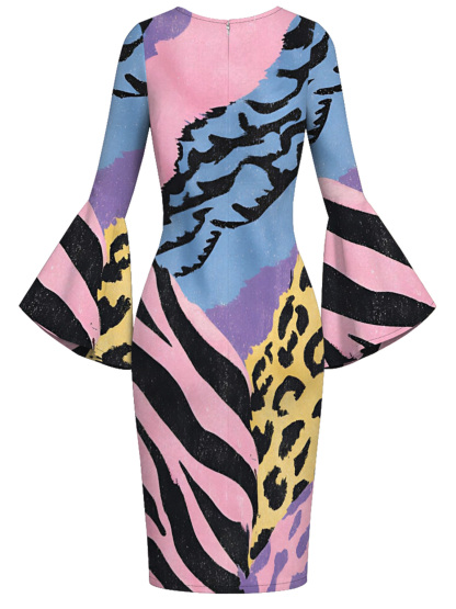 Multicolor Watercolor Animal Flare Sleeve Bodycon Midi Dress DEG3675