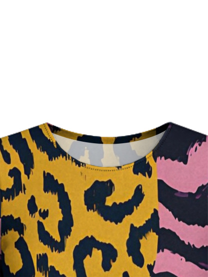 Color Block Animal Flare Sleeve Bodycon Midi Dress FGH5897