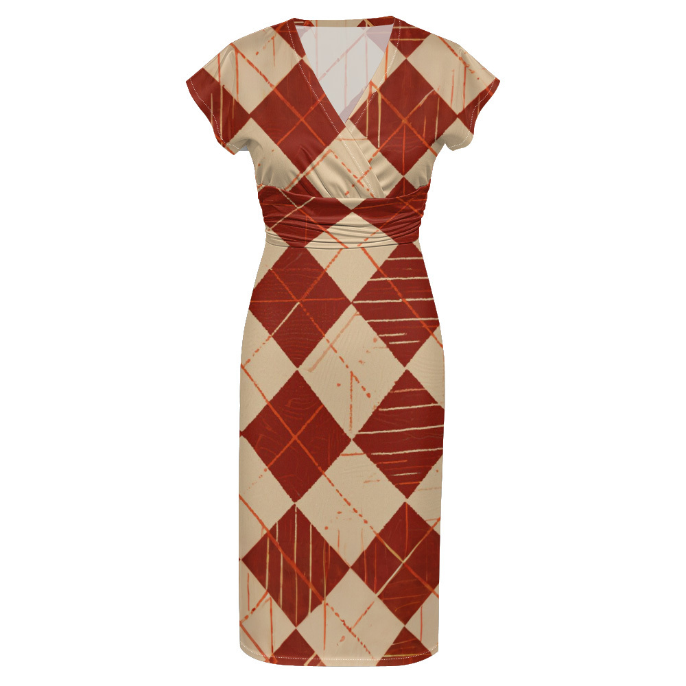 Rust & Beige Argyle Cap Sleeve V-Neck Midi Dress XWU825
