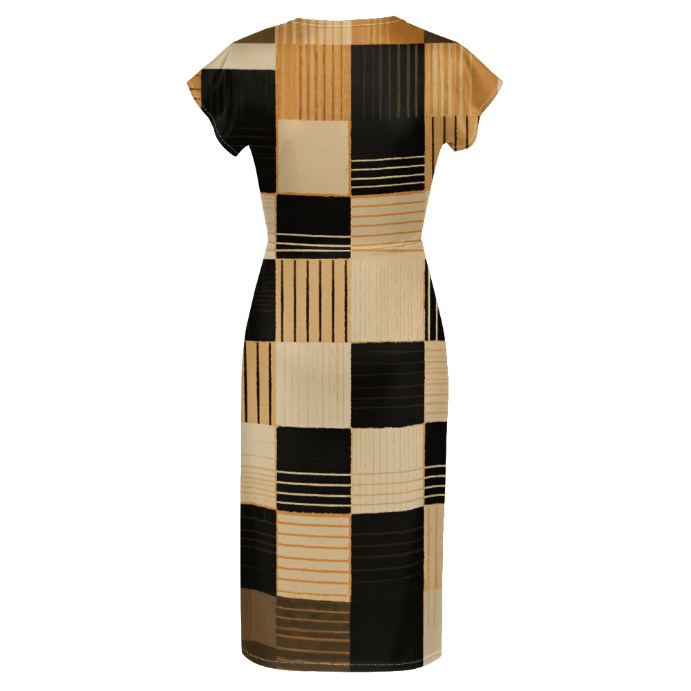 Black & Tan Geometric Patchwork Cap Sleeve V-Neck Midi Dress VTS714