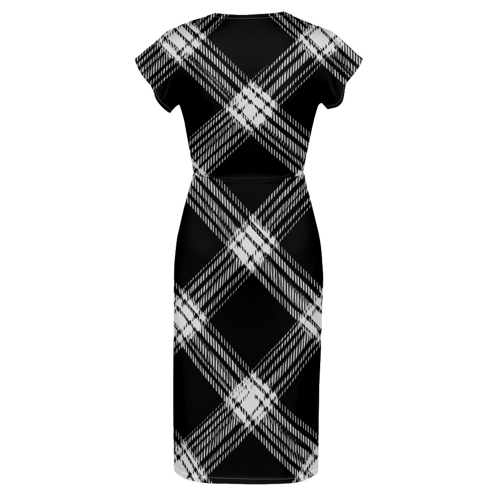 Black & White Plaid Cap Sleeve V-Neck Midi Dress ZXV927