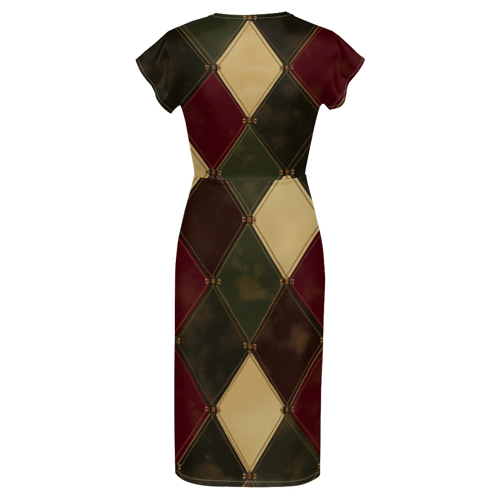 Colorblock Geometric Cap Sleeve V-Neck Midi Dress XWT816