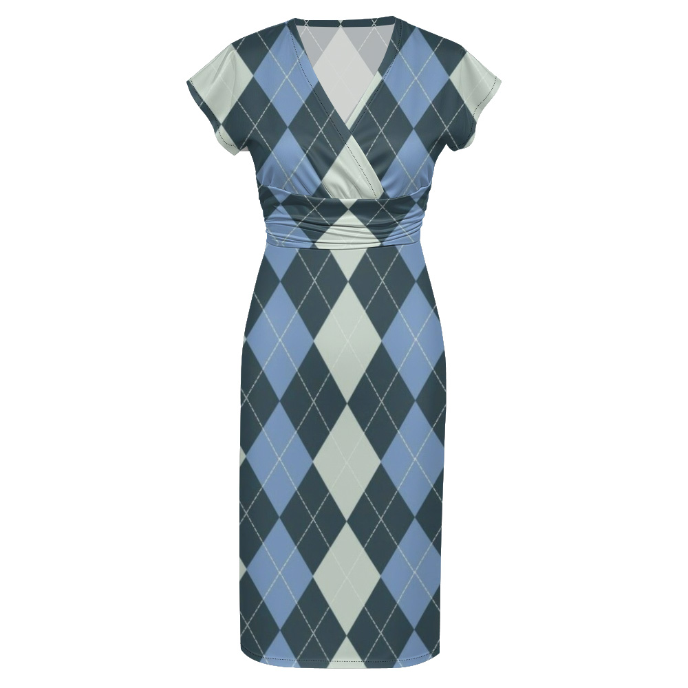 Blue & White Argyle Cap Sleeve V-Neck Midi Dress VUS705