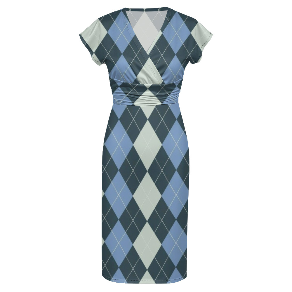 Blue & White Argyle Cap Sleeve V-Neck Midi Dress VUS705