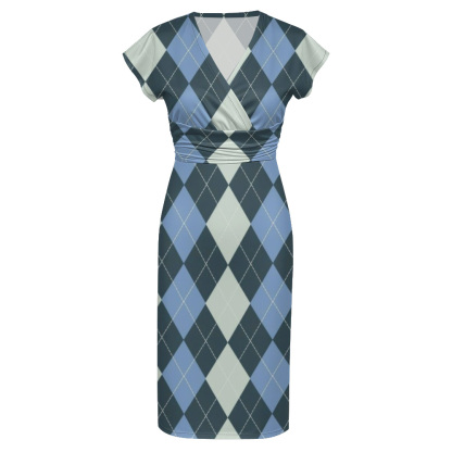 Blue & White Argyle Cap Sleeve V-Neck Midi Dress VUS705