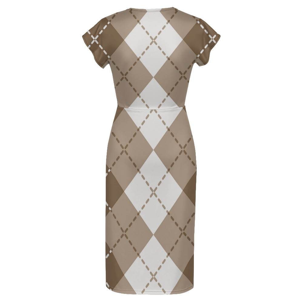Beige & White Argyle Cap Sleeve V-Neck Midi Dress ZYT918