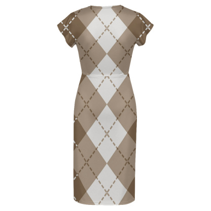 Beige & White Argyle Cap Sleeve V-Neck Midi Dress ZYT918