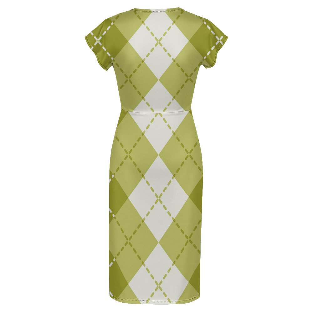 Green & White Argyle Cap Sleeve V-Neck Midi Dress XWS807