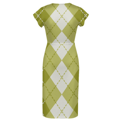 Green & White Argyle Cap Sleeve V-Neck Midi Dress XWS807