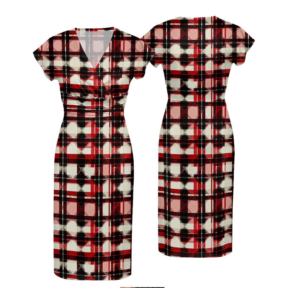 Red & Black Plaid Cap Sleeve V-Neck Midi Dress ZYR906