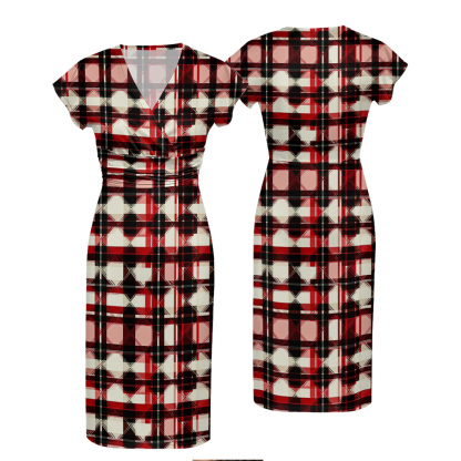 Red & Black Plaid Cap Sleeve V-Neck Midi Dress ZYR906