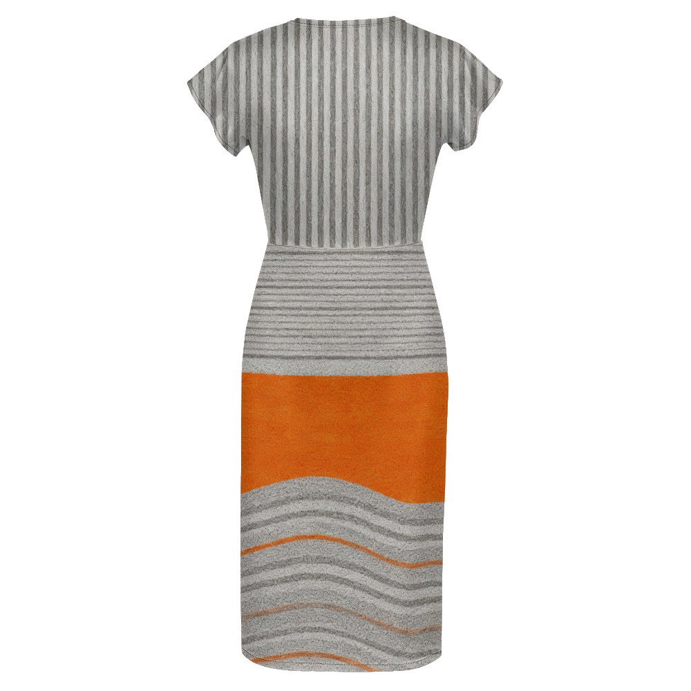 Orange & Gray Striped Cap Sleeve V-Neck Midi Dress YXV895