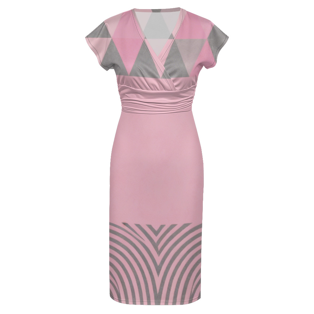 Pink & Gray Geometric Cap Sleeve V-Neck Midi Dress WUT784