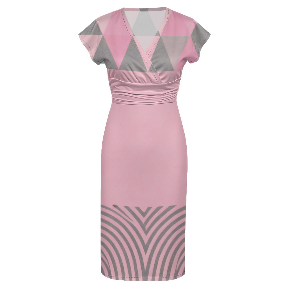 Pink & Gray Geometric Cap Sleeve V-Neck Midi Dress WUT784