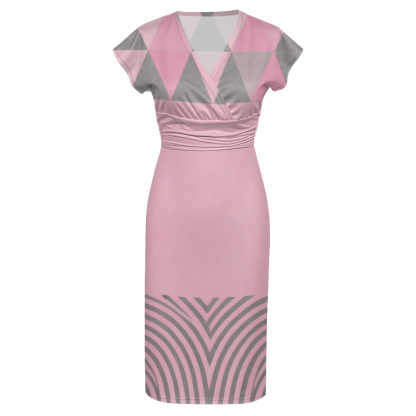 Pink & Gray Geometric Cap Sleeve V-Neck Midi Dress WUT784