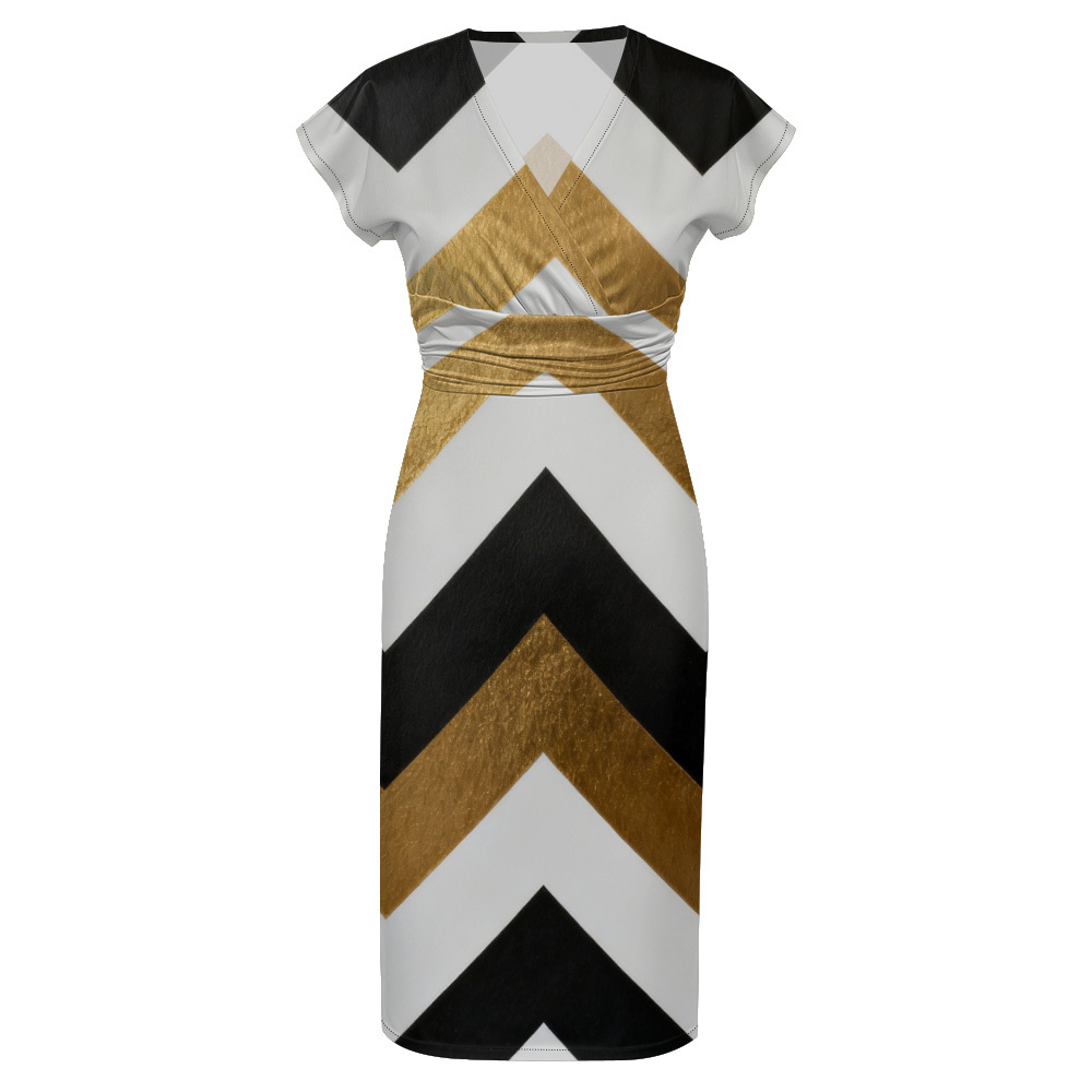 Gold Black White Chevron Cap Sleeve V-Neck Midi Dress ABE125