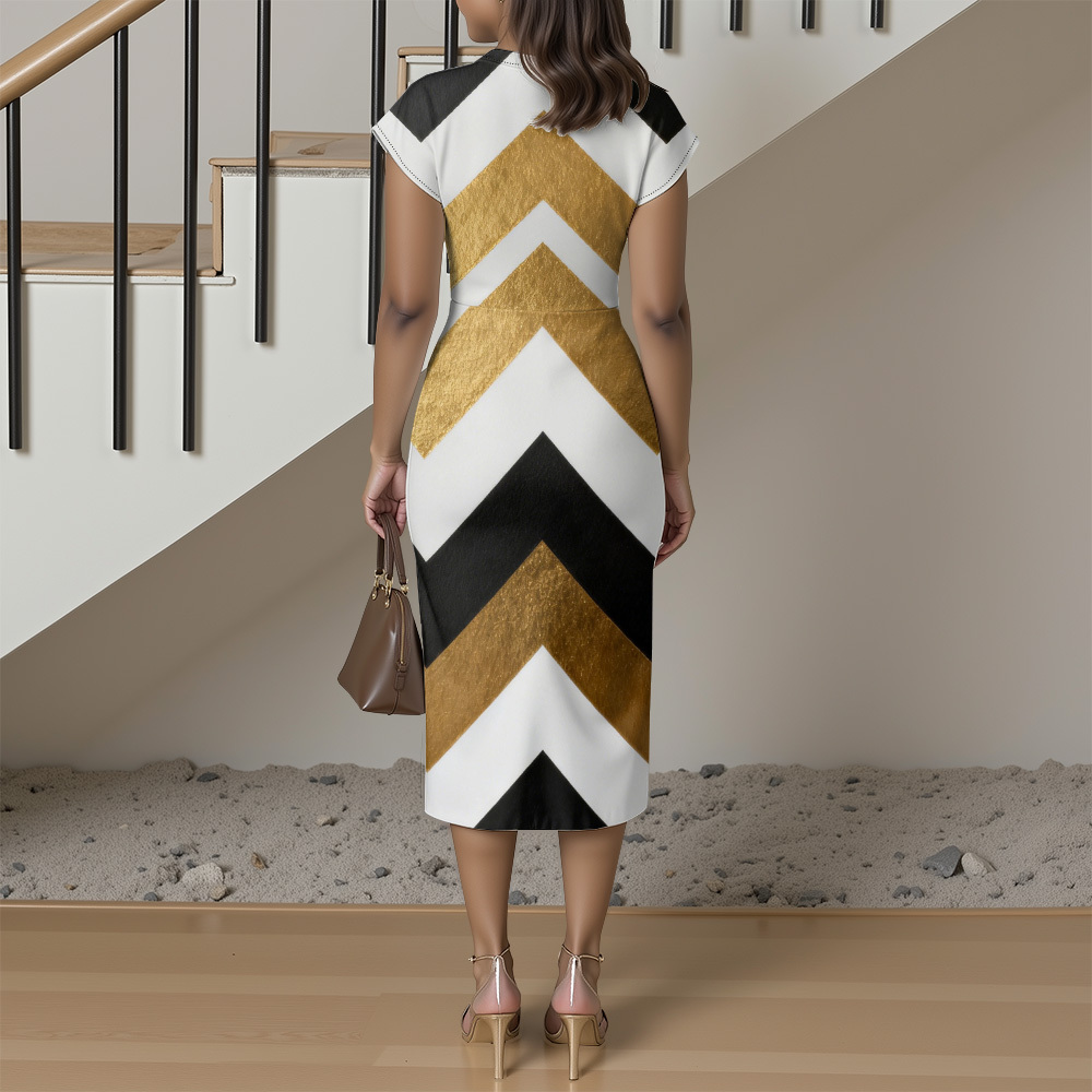 Gold Black White Chevron Cap Sleeve V-Neck Midi Dress ABE125
