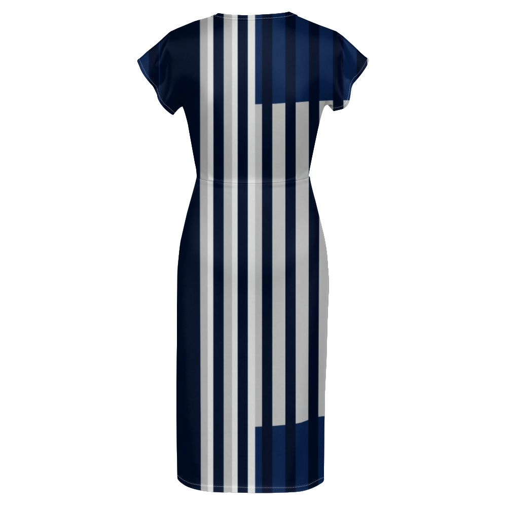 Navy Blue & White Striped Cap Sleeve V-Neck Midi Dress ABF126