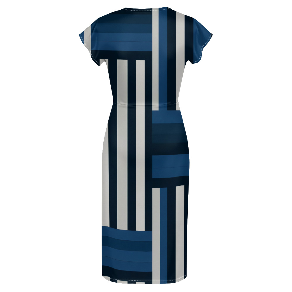 Navy Blue & White Geometric Stripe Striped Cap Sleeve V-Neck Midi Dress ABG134