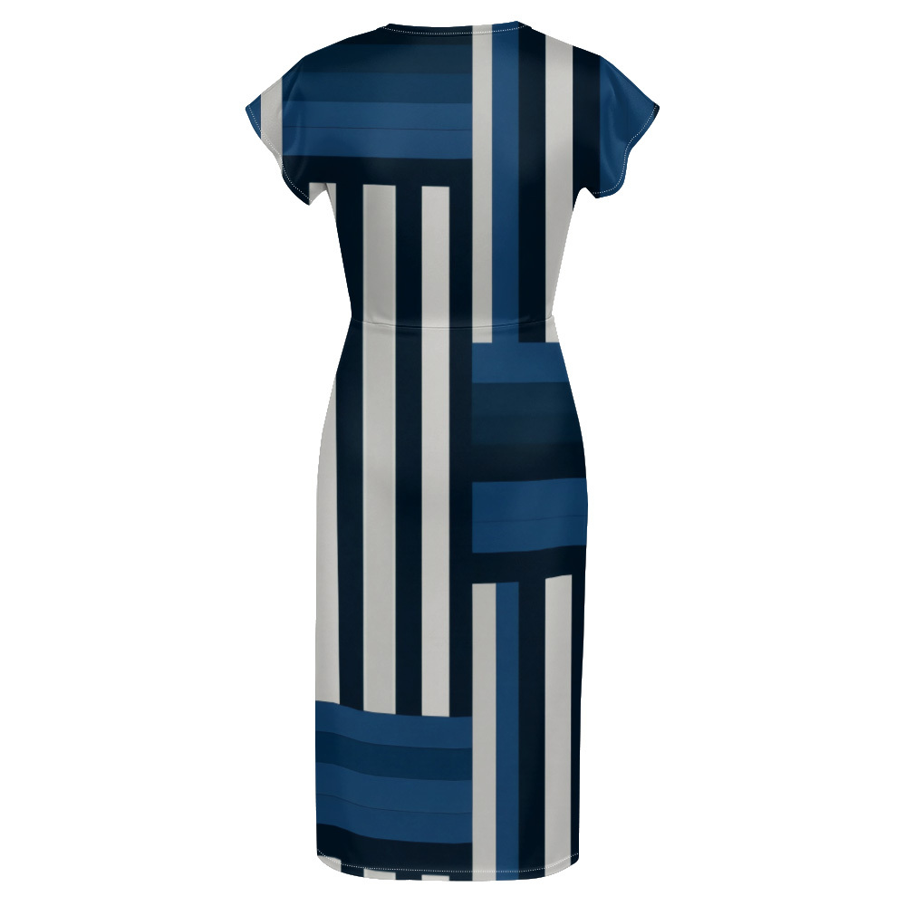 Navy Blue & White Geometric Stripe Striped Cap Sleeve V-Neck Midi Dress ABG134