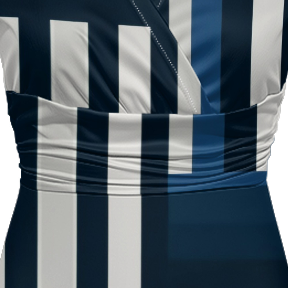 Navy Blue & White Geometric Stripe Striped Cap Sleeve V-Neck Midi Dress ABG134