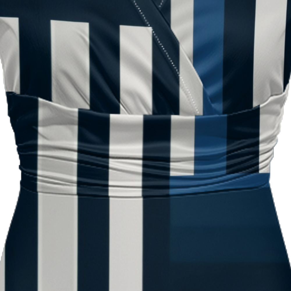 Navy Blue & White Geometric Stripe Striped Cap Sleeve V-Neck Midi Dress ABG134