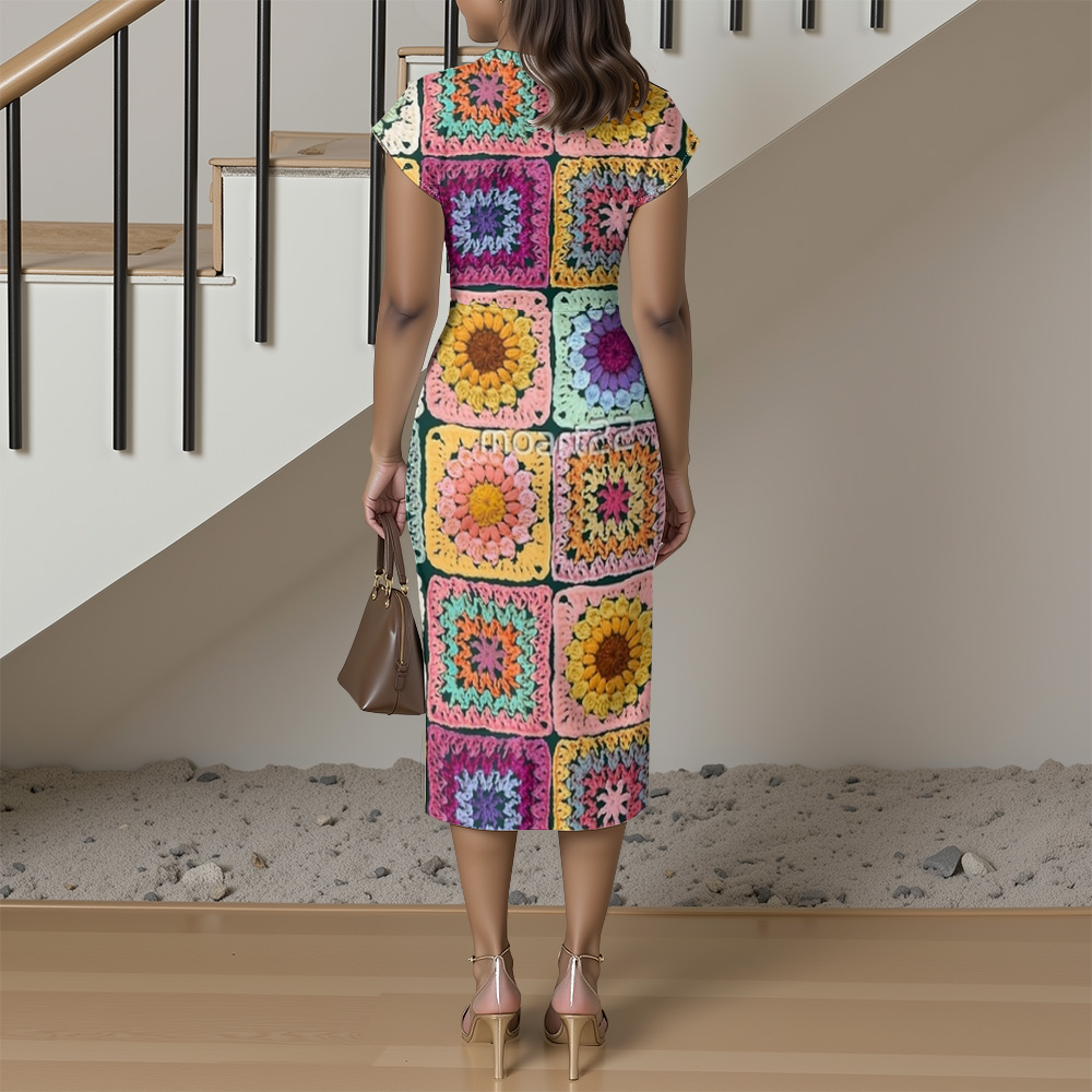 Crochet Granny Square Stripe Striped Cap Sleeve V-Neck Midi Dress ADE146