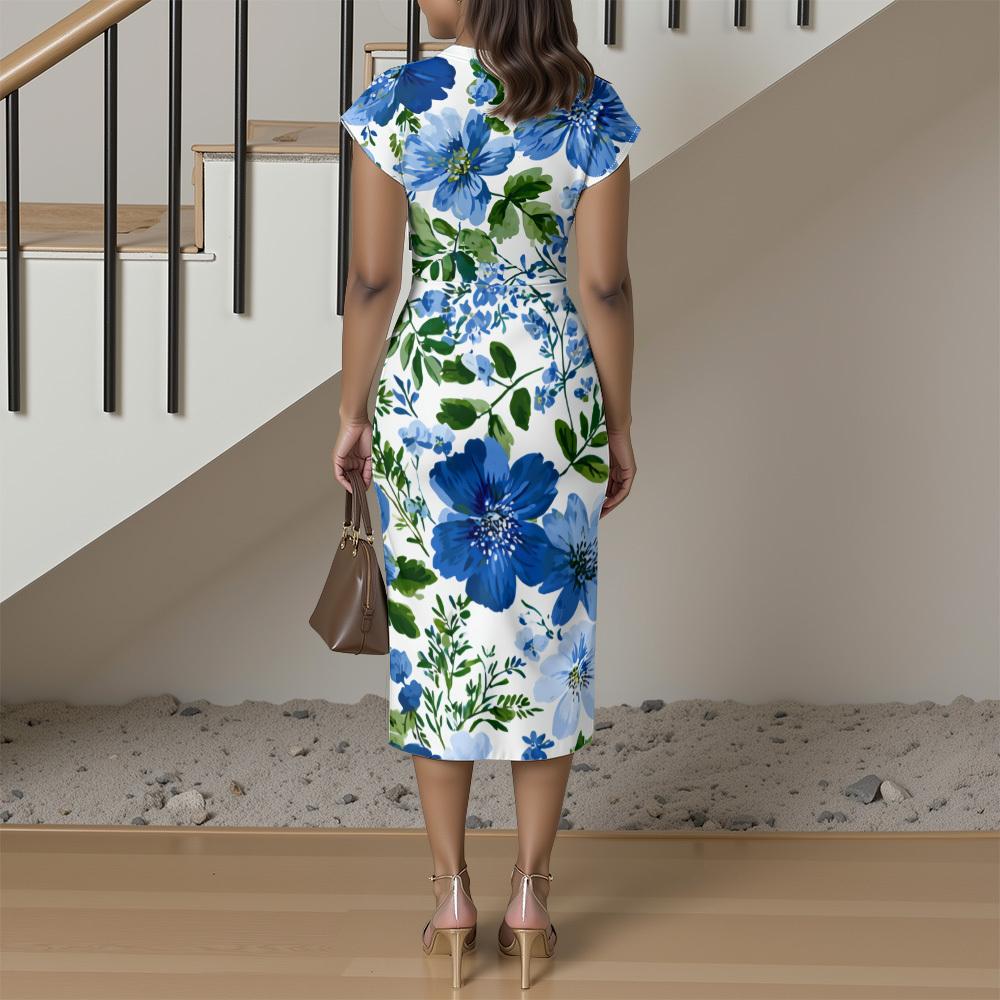 Blue Floral Watercolor Stripe Striped Cap Sleeve V-Neck Midi Dress ADG148