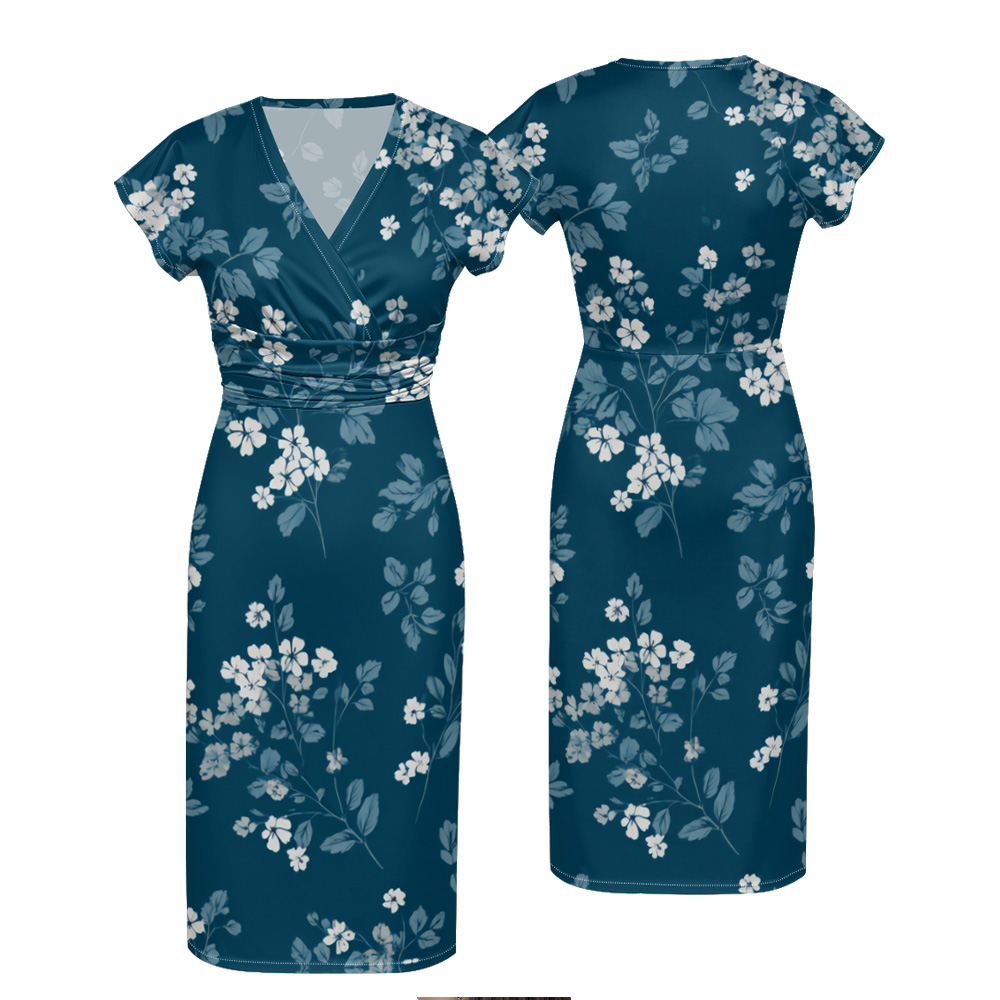Teal & White Floral Cap Sleeve V-Neck Midi Dress ADG148