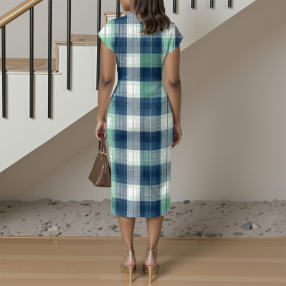 Blue & Green Plaid Cap Sleeve V-Neck Midi Dress BCF167