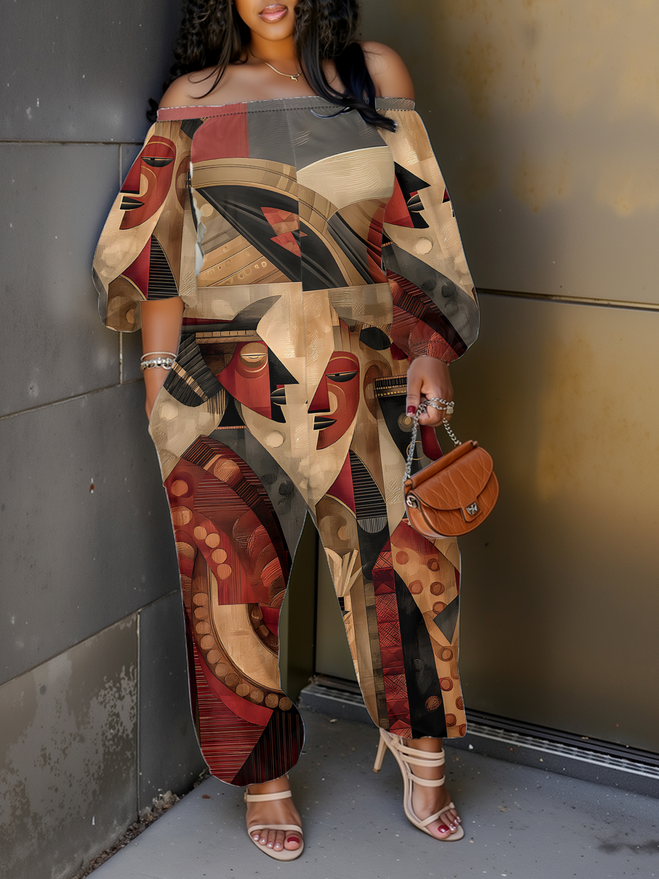 African Cubist Art Off-Shoulder Jumpsuit