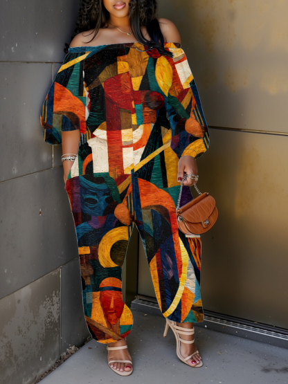 Cubist Abstract Art Off-Shoulder Jumpsuit