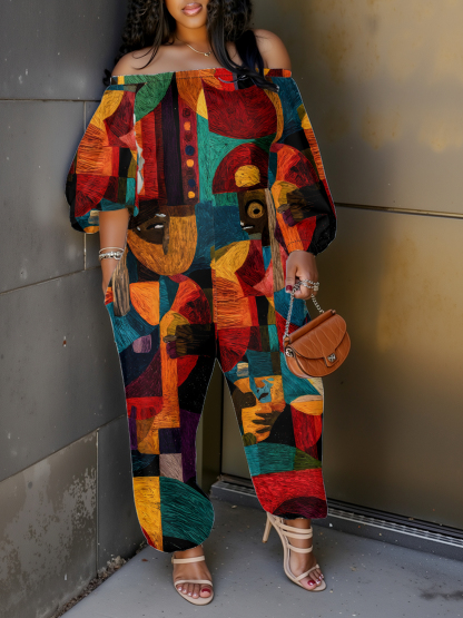 African Cubist Portrait Off-Shoulder Jumpsuit