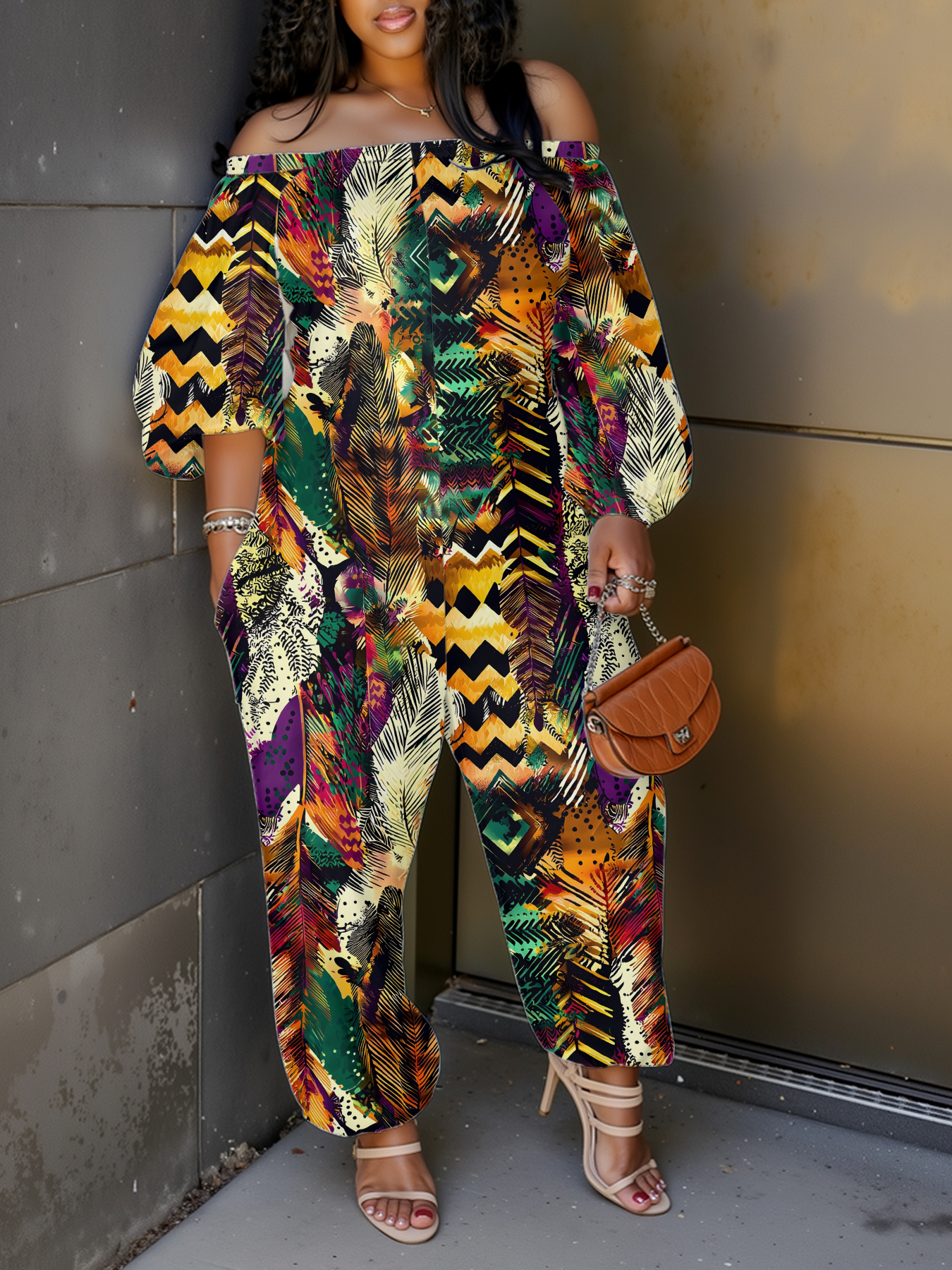 Tropical Feather Tribal Print Off-Shoulder Jumpsuit