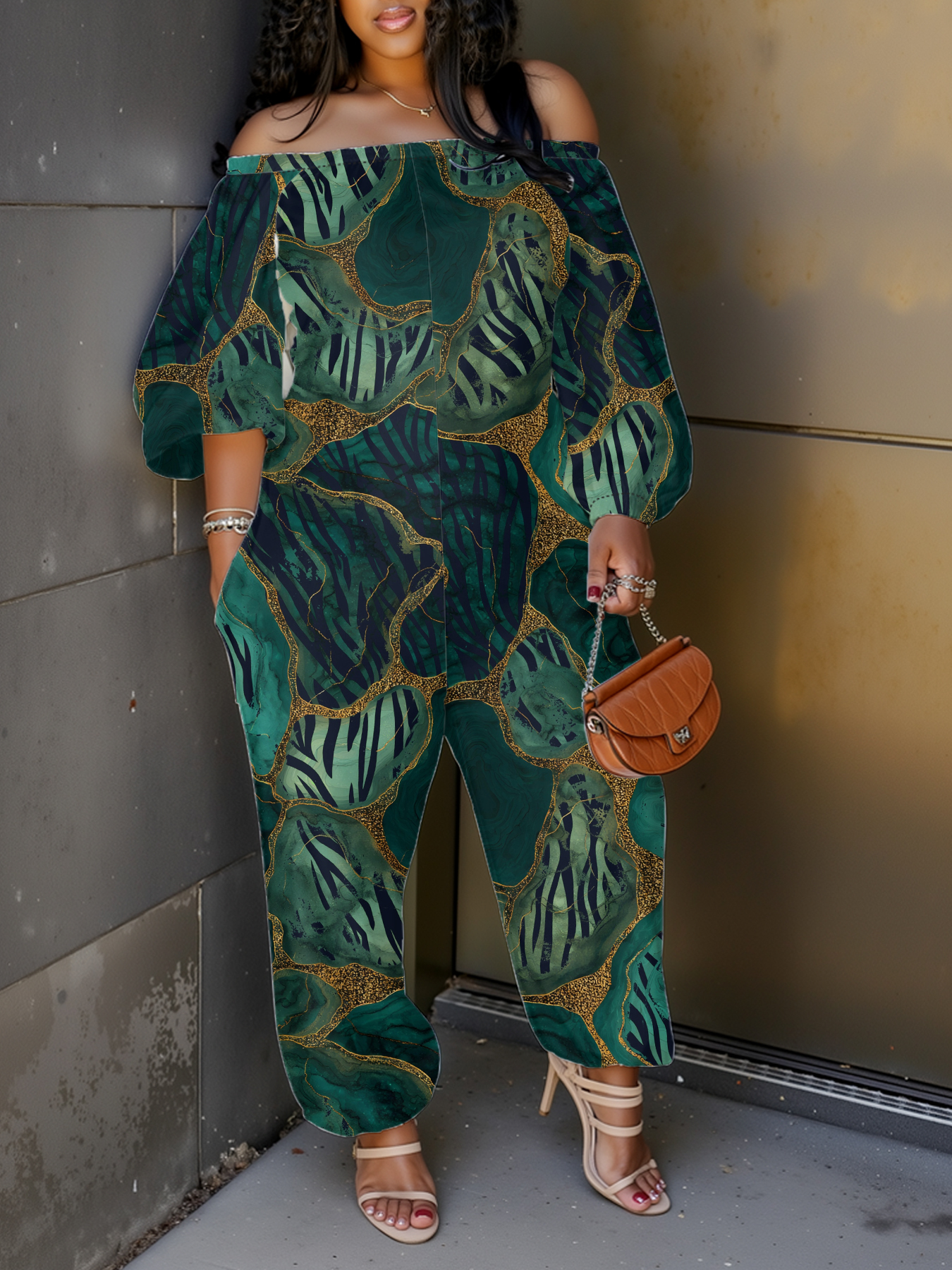 Emerald Green & Gold Marble Off-Shoulder Jumpsuit