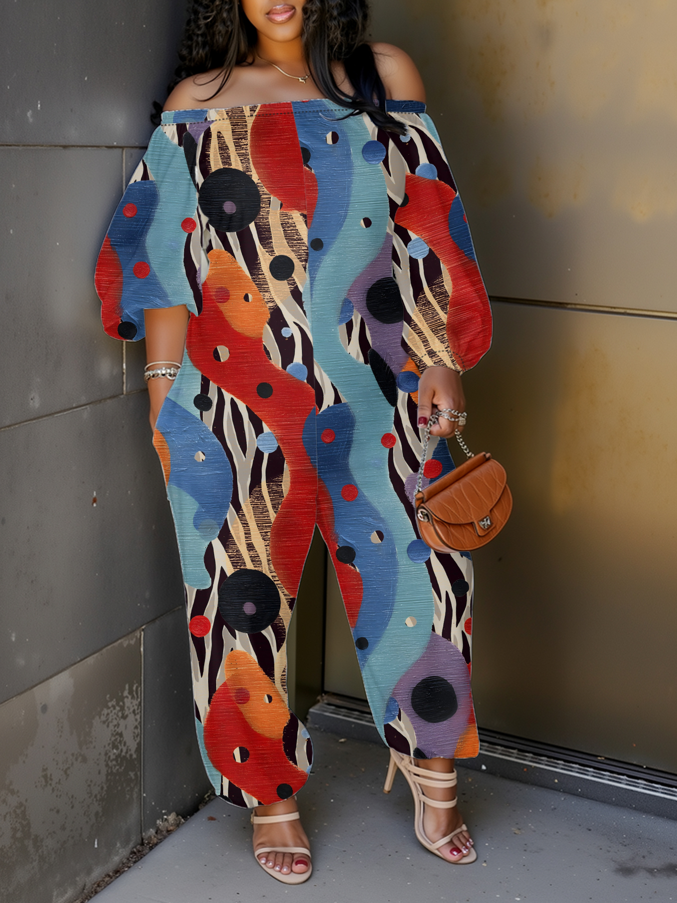 Colorful Abstract Dot & Stripe Off-Shoulder Jumpsuit