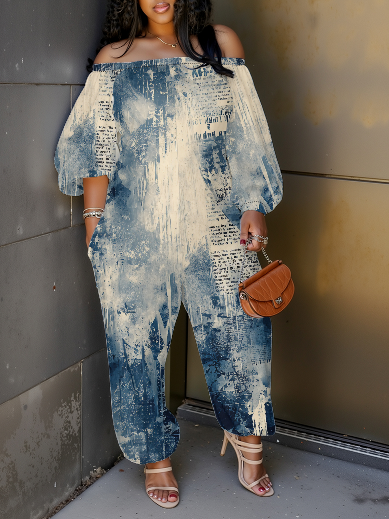 Vintage Newspaper Ink Wash Off-Shoulder Jumpsuit