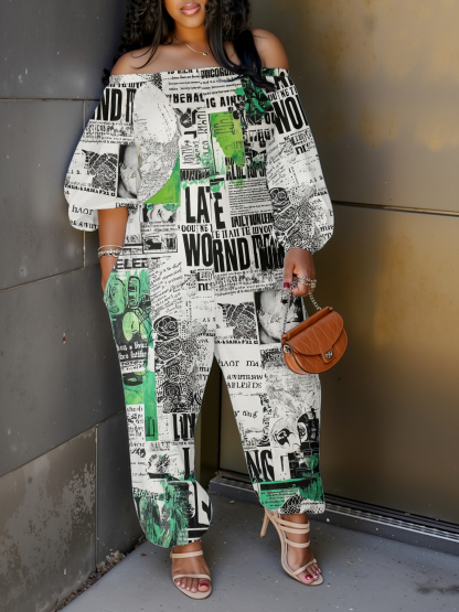 Green Grunge Newspaper Collage Off-Shoulder Jumpsuit