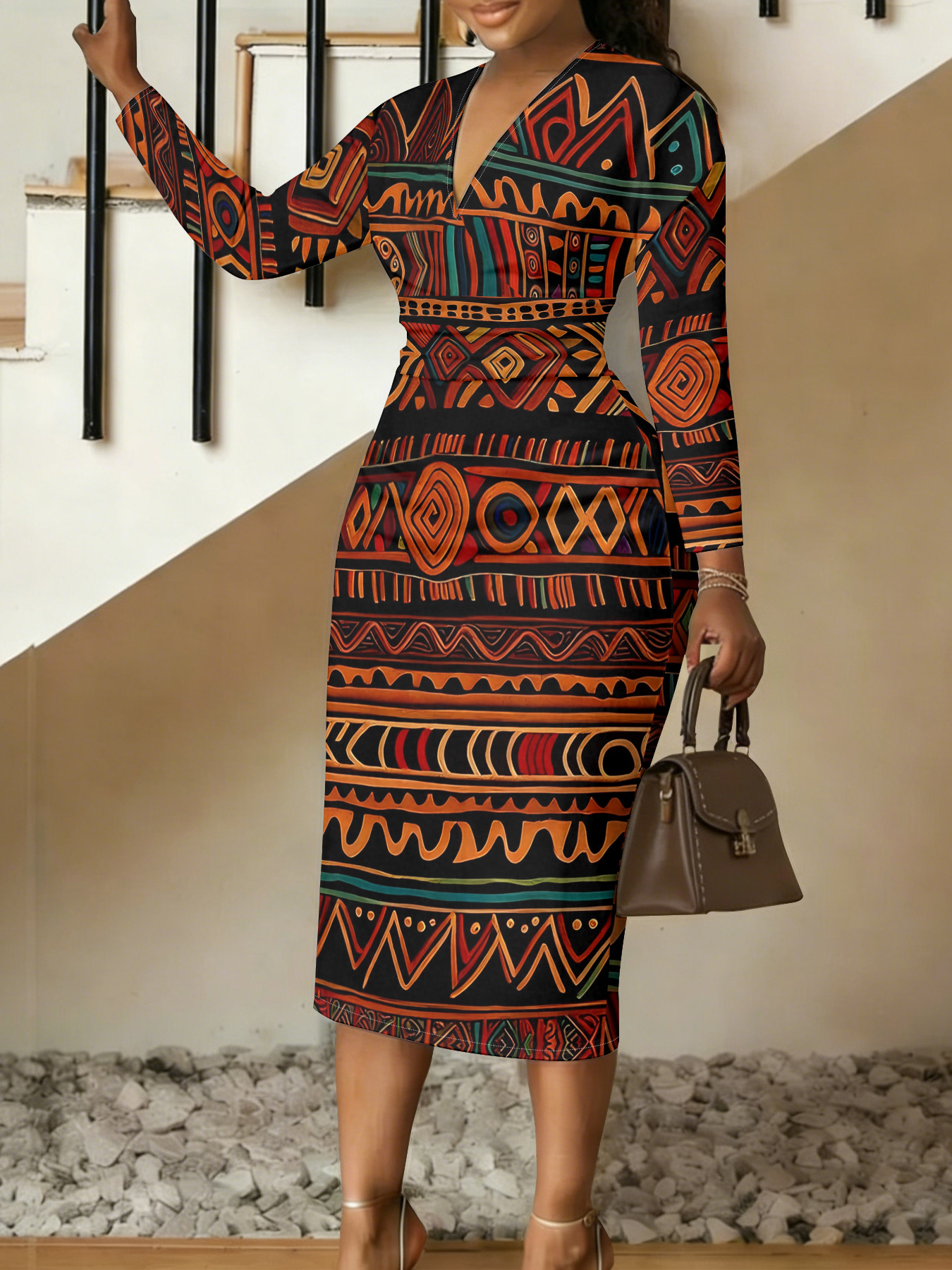 African Tribal V-Neck Bodycon Midi Dress LNT1472