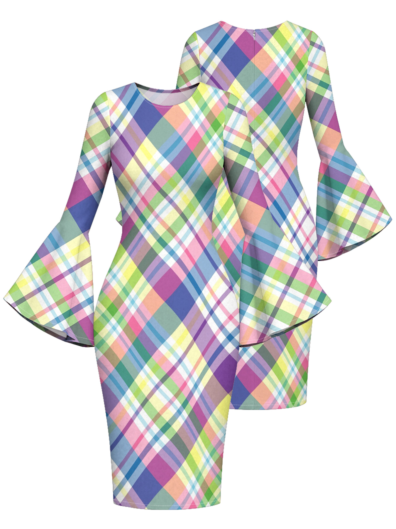 Pastel Rainbow Plaid Bell Flare Sleeve Bodycon Midi Dress