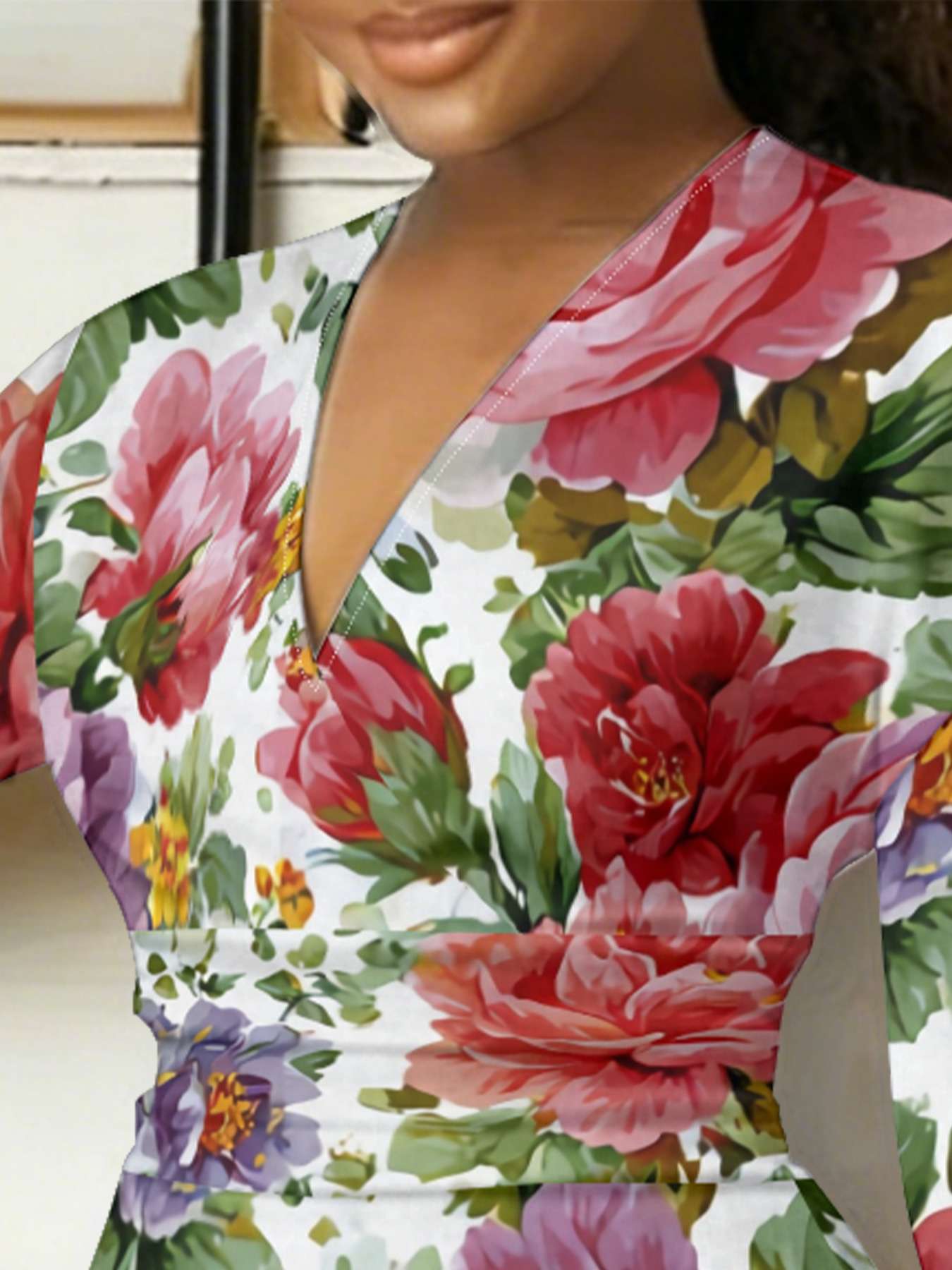 Vibrant Peony Floral V-Neck Bodycon Midi Dress TLD5241