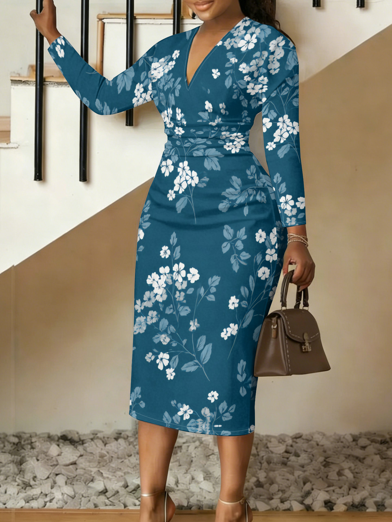Teal & White Floral V-Neck Bodycon Midi Dress UMG2753