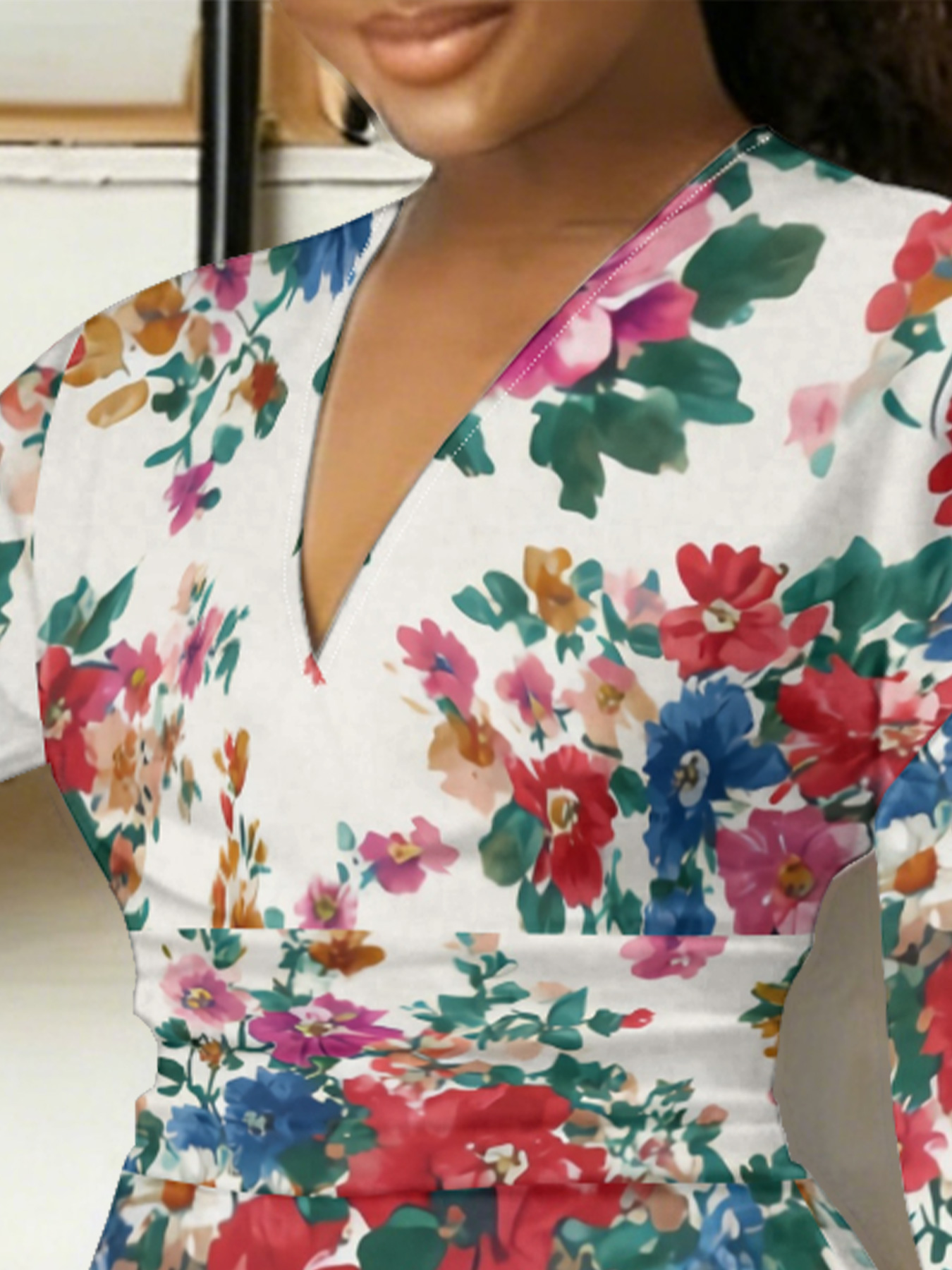 Vibrant Watercolor Floral V-Neck Bodycon Midi Dress YCL2943