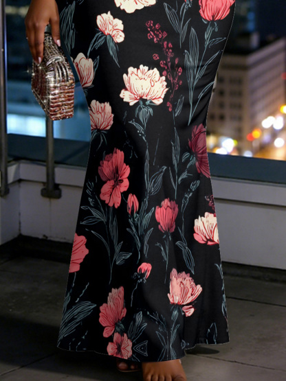 Black Floral Spaghetti Strap Mermaid Dress QRS8765